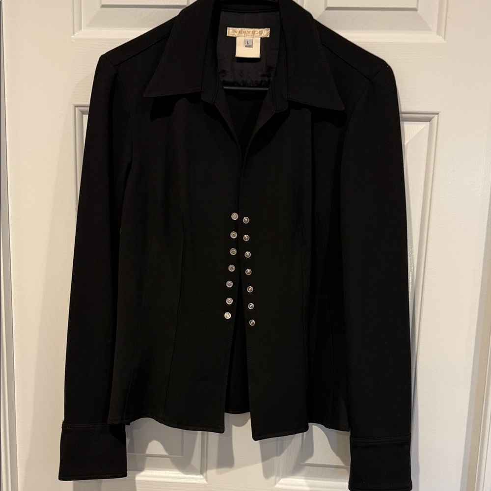 Vertigo Paris Black Women's Blazer Silver Snap Front  and Sleeve Closures